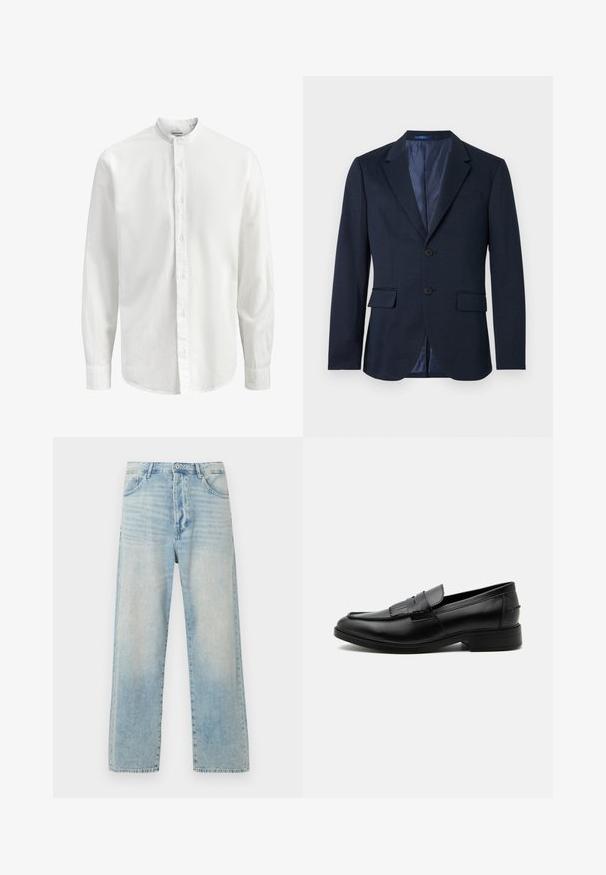Blazer pour homme bleu marine à deux boutons sur le devant, revers crantés, poches à rabat et doublure intérieure à motif sur fond blanc.; Chemise blanche à manches longues avec col mao et fermeture à boutons sur le devant, présentant un tissu lisse et uni ainsi que des poignets étroits.; Jean bleu clair taille haute à jambes droites avec bouton et fermeture éclair à l’avant, design classique à cinq poches sur fond blanc.; Mocassin homme en cuir noir avec détail pompon, bout arrondi, talon bas et finition polie lisse, montré de profil sur fond blanc.
