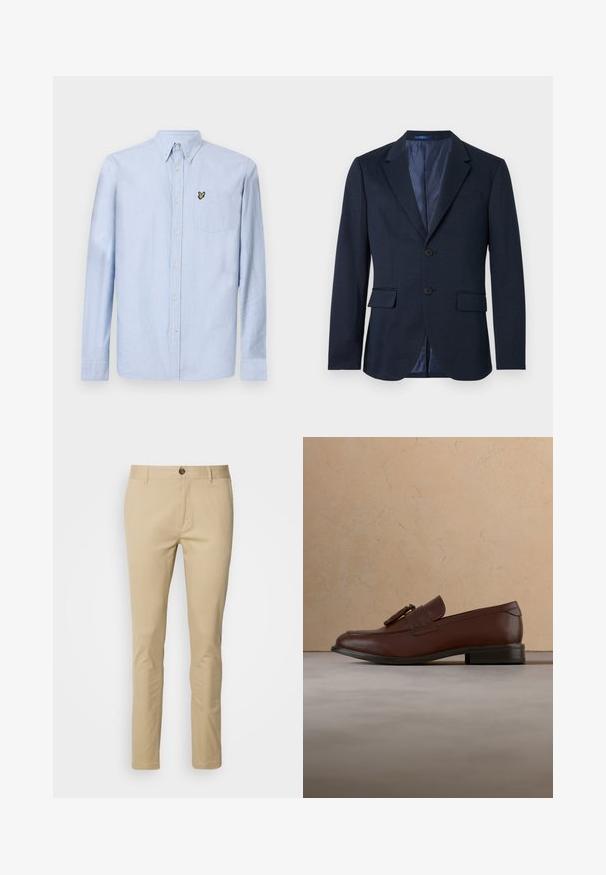 Marineblauwe herenblazer met een voorzijde met twee knopen, verzonken revers, klepzakken en een patroon aan de binnenvoering, afgebeeld op een witte achtergrond.; Lichtblauwe langetermijnoverhemd met button-down kraag, borstzak en geborduurd logo. Gemaakt van textuurkatoenen stof.; Beige chinos met een slim fit, gemaakt van katoen. Kenmerken zijn een knoopsluiting, riemlussen en subtiele stiksels op de zakken.; Bruine leren instapper met kwastjes zwevend boven een gestructureerd beige tapijt, met op de achtergrond een ronde houten tafel en gestapelde boeken.