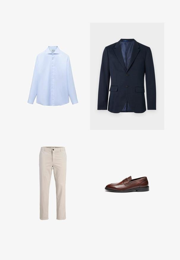 Blazer para hombre azul marino con cierre de dos botones, solapas con muesca, bolsillos con solapa y forro interior estampado sobre un fondo blanco.; Camisa de manga larga azul clara en un tejido suave, con cuello puntiagudo y botonera completa con botones blancos. Sin estampados ni acentos.; Pantalones casuales beige para hombre de pierna recta con trabillas para cinturón, botón frontal, cierre de cremallera y bolsillos laterales.; Mocasines de cuero marrón con un acabado suave, puntera redondeada, tira decorativa y suela de goma negra. Presentan un detalle de costura mínima.