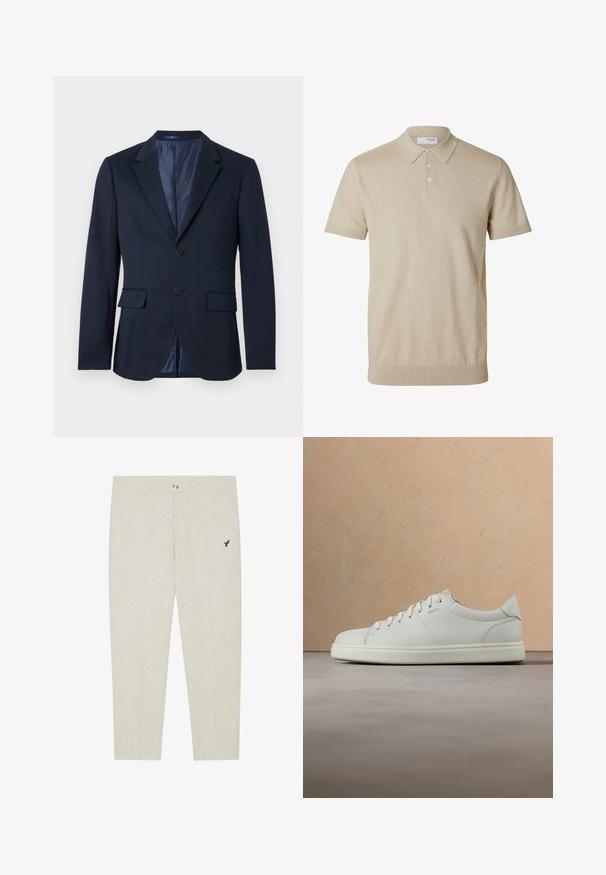 Blazer pour homme bleu marine à deux boutons sur le devant, revers crantés, poches à rabat et doublure intérieure à motif sur fond blanc.; Polo beige à manches courtes avec col et trois boutons, bords côtelés aux manches et à l'ourlet, tissu en maille unie.; Pantalons ajustés beige clair avec une texture subtile, dotés d'une fermeture à bouton et d'un emblème sombre brodé près de la poche.; Baskets en cuir blanc avec une texture lisse, un bout rond et des lacets plats. Elles présentent un logo discret et une semelle légère.