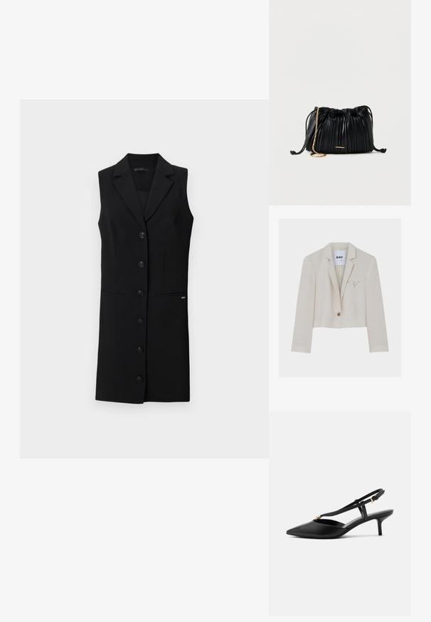 Kremfarvet cropped blazer med én knap, notch revers og en lille trekantet flapdetalje på venstre brystlomme.; Sort sansærmet blazer kjole med skræddersyet design, blazerkrave, seks frontknapper og sidelommer. Glat stof med minimale detaljer.; Sort læder slingback kitten heel med spids tå, slank T-rem, justerbar spænde og lille guldfinish på remmen.; Sort læderhåndtaske med plisseringer, snorelukning, guldkæde som rem og lille horisontalt guldakcent foran.