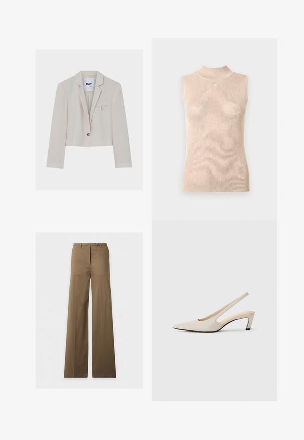 Kremfarvet cropped blazer med én knap, notch revers og en lille trekantet flapdetalje på venstre brystlomme.; Ærmeløs top med høj hals i blød beige ribstrikket stof. Har en diskret glans, figursyet pasform og en lille logoaccents ved halsudskæringen.; Brune bukser med høj talje og vide ben, bæltestropper, knaplukning og pressefolder foran, vist mod hvid baggrund.; Beige slingback-hæle med spids tå, åbne sider og lille blokhæl. Glat læderstruktur og minimalistisk design.