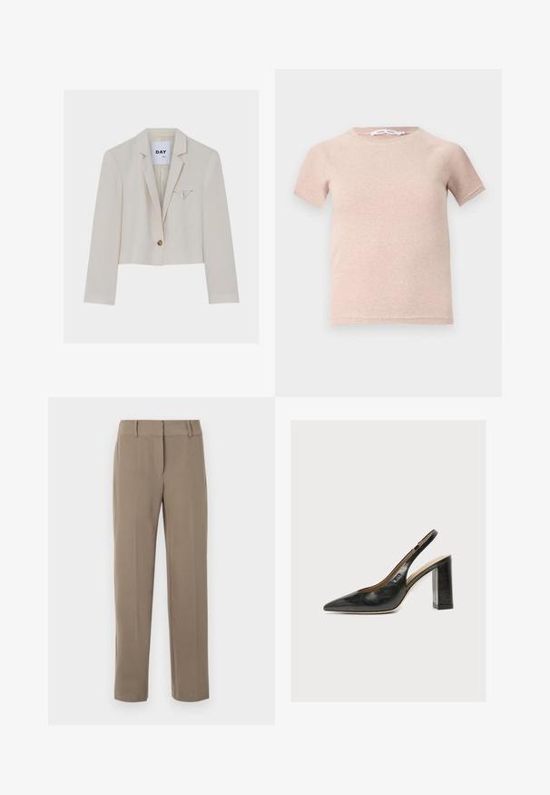 Blazer court de couleur crème avec un bouton, des revers crantés et un petit détail de rabat triangulaire sur la poche poitrine gauche.; T-shirt à manches courtes rose clair en tissu côtelé, avec un col rond et une coupe décontractée. Design simple et sans couture.; Pantalon kaki droit avec passants de ceinture et fermeture éclair frontale sur fond blanc.; Chaussure slingback femme en cuir noir avec bout pointu et talon bloc épais et haut sur fond blanc.