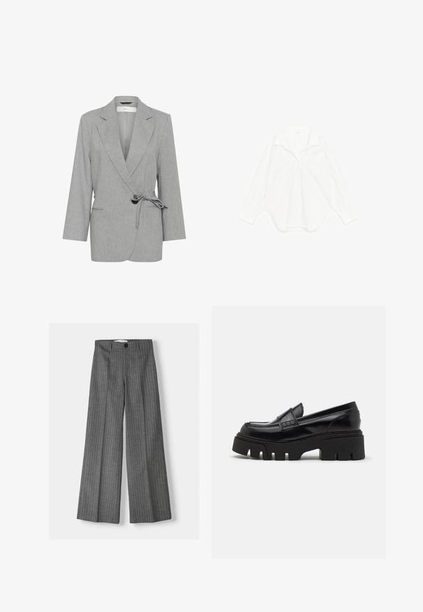 Blazer gris texturé avec un design enveloppant, des manches longues et une taille nouée. Présente deux poches avant et des revers crantés.; Chemise blanche à manches longues avec col et boutons, étalée à plat sur un fond blanc.; Pantalons large gris à rayures, dotés d'une fermeture à bouton et de deux poches avant. Fabriqués en tissu texturé.; Mocassins en cuir noir avec une semelle plateforme épaisse et texturée, et une sangle décorative sur le dessus. Fini lisse et brillant.
