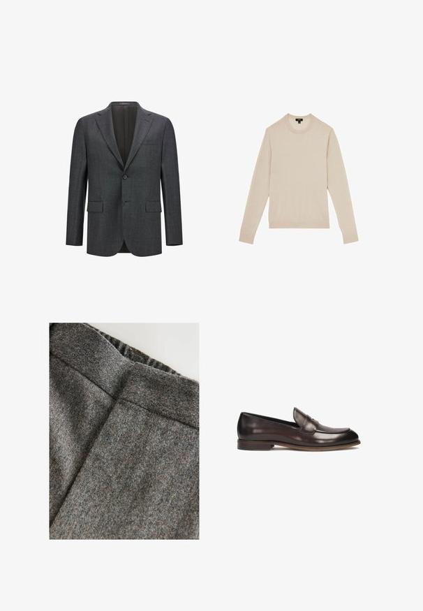 Dunkelgrauer taillierter Blazer mit Reverskragen, Ein-Knopf-Verschluss, zwei vorderen Taschen und glattem Innenfutter. Strukturiertes Gewebe.; Heller beiger Pullover mit langen Ärmeln und rundem Halsausschnitt. Aus weichem Stoff gefertigt, mit gerippten Bündchen und Saum. Minimalistisches Design ohne Muster.; Graue Wollmischungshose mit glatter Textur, ausgestattet mit einem breiten Bund und einem sauberen, klassischen Schnitt. Dezente Farbflecken sind vorhanden.; Dunkelbraune Lederloafers mit abgerundeter Spitze, erhobenem Steppdetail und leichtem Absatz. Glatte Textur und klassisches Design.