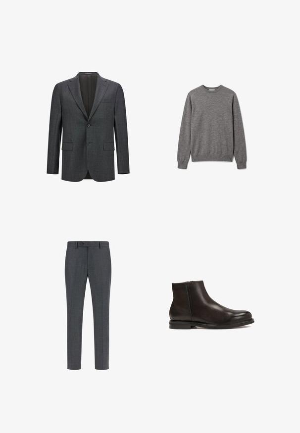 Blazer ajusté gris foncé avec un revers cranté, fermeture à un bouton, deux poches avant et une doublure intérieure lisse. Tissu texturé.; Pull gris pour homme à manches longues et col rond, avec poignets et ourlet côtelés, orné d'un petit logo discret sur la poitrine gauche.; Pantalons ajustés gris foncé en laine mélangée texturée, avec une taille plate, des poches latérales et une fermeture à bouton unique. Design slim fit.; Bottine en cuir noir avec une texture lisse, bout arrondi et un petit talon. Dispose d'une fermeture éclair sur le côté pour un enfilage facile.