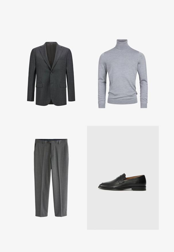 Mørkegrå skræddersyet blazer med reveslag, enkelt knaplukning, to frontlommer og glat inderfor. Struktureret stof.; Grå turtleneck sweater lavet af et blødt strikket stof. Har lange ærmer og en tætsiddende design med ribbede manchetter og kant. Enkel, glat tekstur.; Herre grå skræddersyede bukser med sidelommer, bæltestropper og en knaplukning i taljen.; Sort læder loafer med rund tå, diskret syning, og lav hæl, der har en glat tekstur og minimalistisk design.