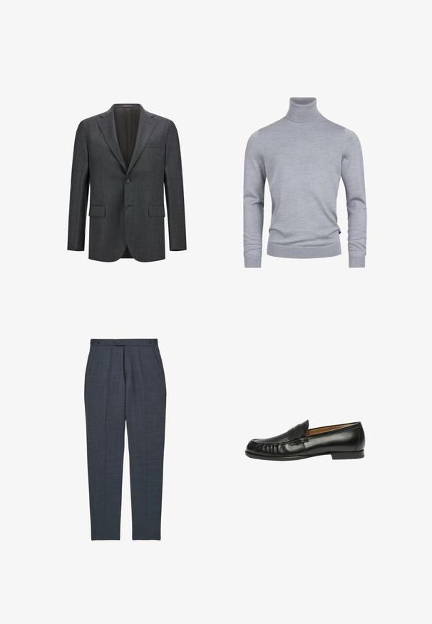 Donkergrijze op maat gemaakte blazer met een notch lapel, enkele knoopsluiting, twee voorzakken en een gladde voering. Getextureerde stof.; Grijze coltrui gemaakt van een zachte breistof. Beschikt over lange mouwen en een getailleerd ontwerp met geribde manchetten en zoom. Simpele, gladde textuur.; Donkergrijze op maat gemaakte broek met zijzakken en knoopsluitbare verstelbare tailleband, smalle rechte pijp.; Scarosso FRED - Instappers - black calf