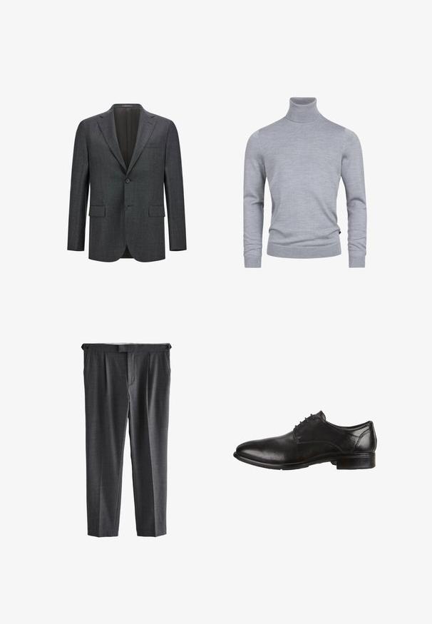 Donkergrijze op maat gemaakte blazer met een notch lapel, enkele knoopsluiting, twee voorzakken en een gladde voering. Getextureerde stof.; Grijze coltrui gemaakt van een zachte breistof. Beschikt over lange mouwen en een getailleerd ontwerp met geribde manchetten en zoom. Simpele, gladde textuur.; Donkergrijze formele broek met een rechte pijp, voorplooien, zijknopen aan de tailleband en een verborgen voorpand sluiting.; Zwarte leren dresschoenen met een gladde afwerking, ronde neus, vetersluiting en een lage gestapelde hak. Subtiele stikselaccenten zichtbaar.