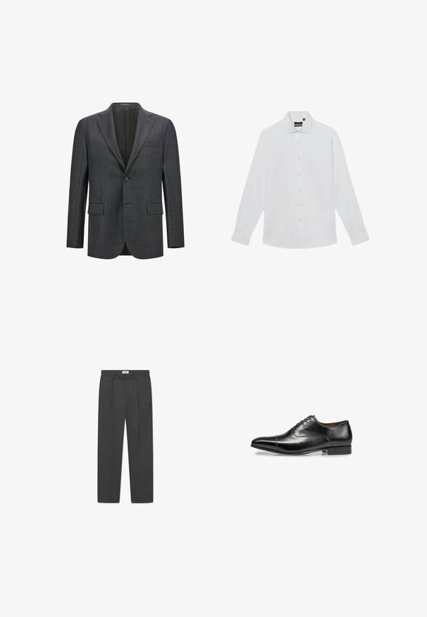 Blazer ajustado gris oscuro con solapa con muesca, cierre de un solo botón, dos bolsillos frontales y forro interior liso. Tejido texturizado.; Camisa blanca de manga larga con botones, cuello puntiagudo y puños, presentada sobre un fondo blanco.; Pantalones grises a medida con un sutil patrón de cuadro, tejido texturizado y pliegues delanteros, presentando una cinturilla con pasadores para cinturón.; Zapato formal de cuero negro con una punta afilada y elegante, cierre de cordones con seis ojales y un tacón bajo. Textura suave con un detalle de costura mínimo.