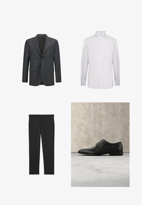Dunkelgrauer taillierter Blazer mit Reverskragen, Ein-Knopf-Verschluss, zwei vorderen Taschen und glattem Innenfutter. Strukturiertes Gewebe.; Weißes Langarm-Hemd aus glattem Stoff. Mit klassischem Kragen, durchgehendem Knopfverschluss und geknöpften Manschetten. Keine Muster oder Verzierungen.; Dunkelgraue Hose aus strukturiertem Stoff, mit zwei Fronttaschen und zwei Knöpfen am Bund zum Verschließen. Flache Vorderseite.; Schwarzer Lederschuh mit runder Zehenform, fünf Ösen Schnürdesign, glatte Oberfläche und niedrigem, flachem Absatz.