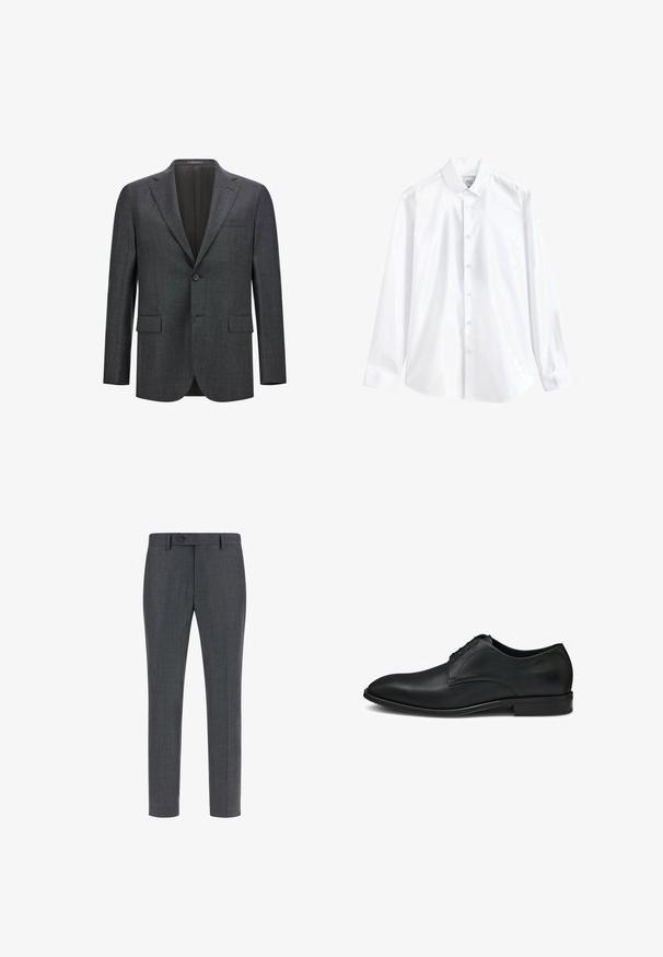Donkergrijze op maat gemaakte blazer met een notch lapel, enkele knoopsluiting, twee voorzakken en een gladde voering. Getextureerde stof.; Wit overhemd met lange mouwen en knopen, button-down kraag, zichtbare label aan de binnenkant van de hals en geplooide manchetten aan de mouwen.; Donkergrijze gep tailored broeken van een gestructureerde wolmix, met een vlakke voorkant, zijzakken en een sluiting met één knoop. Slim fit ontwerp.; Zwarte leren nette schoen met een gladde afwerking, ronde neus en een vetersluiting met vijf oogjes, voorzien van subtiele stikdetails.