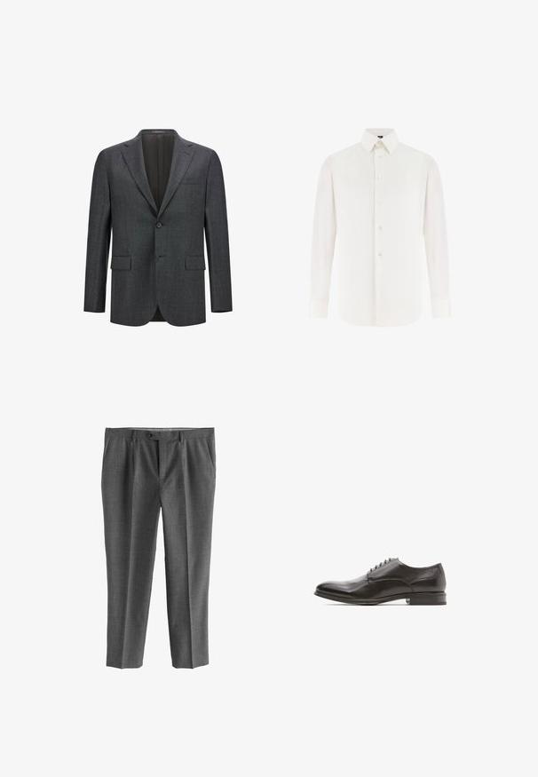 Mørkegrå skræddersyet blazer med reveslag, enkelt knaplukning, to frontlommer og glat inderfor. Struktureret stof.; Hvid herreskjorte med lange ærmer, spidst krave og knaplukning foran, vist på en hvid baggrund.; Grå bukser lavet af tekstureret stof, med lige ben, forlommer og knaplukning.; Sorte læder dresssko med rund tå, glat overflade, seks øjer til snøring, og en flad hæl med en let glans.
