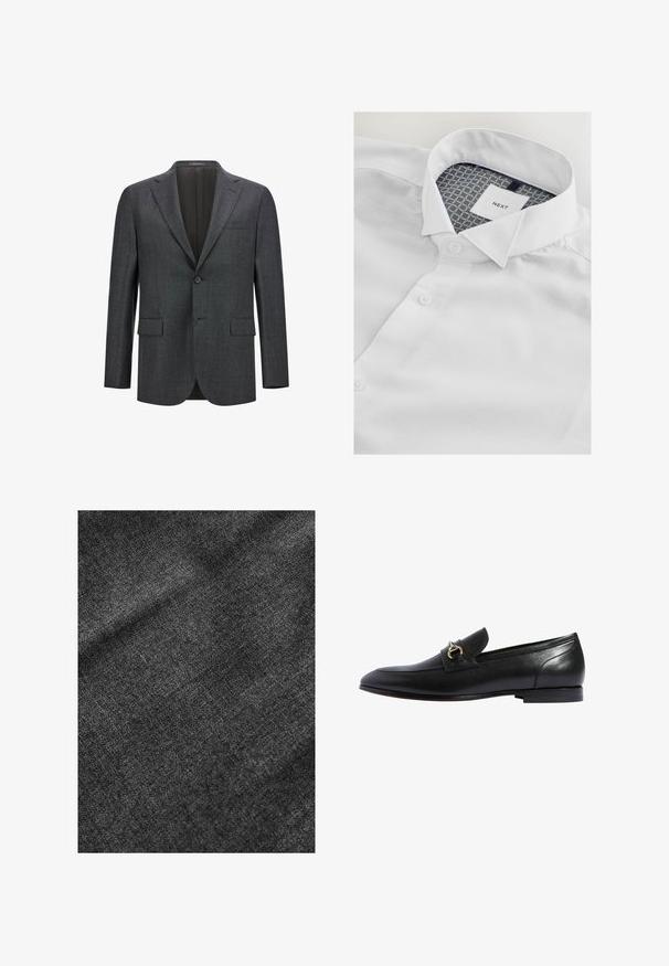 Dunkelgrauer taillierter Blazer mit Reverskragen, Ein-Knopf-Verschluss, zwei vorderen Taschen und glattem Innenfutter. Strukturiertes Gewebe.; Weißes Hemd mit Knopfleiste aus strukturiertem Stoff, klassischem Kragen und einem gemusterten blau-goldenen Innenfutter am Kragen und Etikett.; Strukturierter schwarzer Stoff mit einer weichen, leicht glänzenden Oberfläche, die ein dezentes Webmuster und einen geschmeidigen Fall aufweist.; Schwarze Lederloafers mit abgerundetem Zehenbereich, einem goldenen Schnallenakzent und einem niedrigen, gestapelten Absatz. Glatte Oberfläche mit minimalen Nähten.