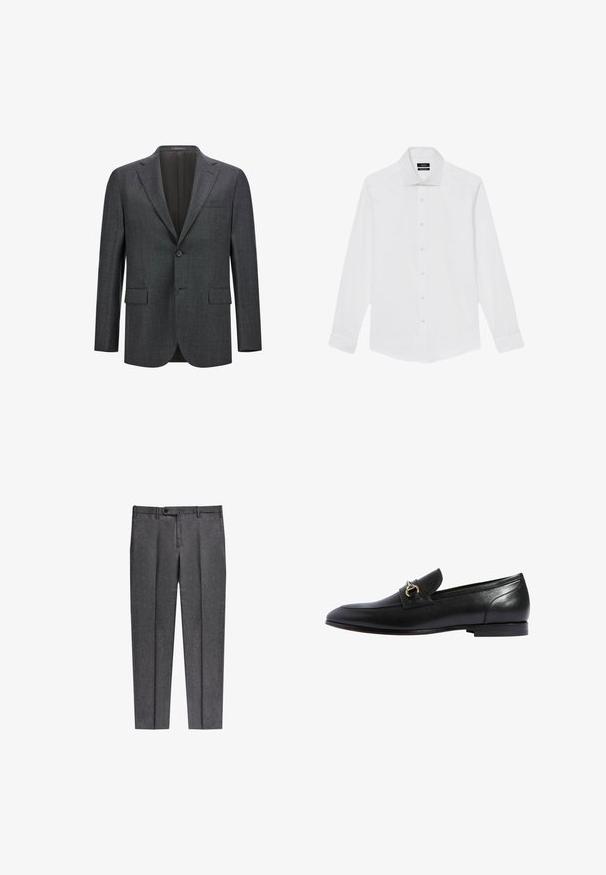 Dunkelgrauer taillierter Blazer mit Reverskragen, Ein-Knopf-Verschluss, zwei vorderen Taschen und glattem Innenfutter. Strukturiertes Gewebe.; Weißes Herrenhemd mit langen Ärmeln, klassischem Kragen und Knopfleiste vorne, flach auf weißem Hintergrund dargestellt.; Graue, maßgeschneiderte Hosen aus einem strukturierten Stoff, mit Knopfverschluss, vorderen Falten und geraden Beinen.; Schwarze Lederloafers mit abgerundetem Zehenbereich, einem goldenen Schnallenakzent und einem niedrigen, gestapelten Absatz. Glatte Oberfläche mit minimalen Nähten.