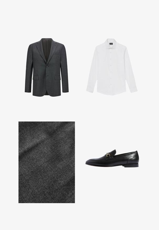 Mørkegrå skræddersyet blazer med reveslag, enkelt knaplukning, to frontlommer og glat inderfor. Struktureret stof.; Hvid langærmet herreskjorte med klassisk krave og knaplukning foran, vist fladt mod en hvid baggrund.; Struktureret sort stof med en blød, let skinnende overflade, der viser et subtilt vævemønster og en glat fald.; Sorte læder loafers med en rund tå, en guldspænde accenter og en lav stablet hæl. Glat tekstur med minimale syninger.