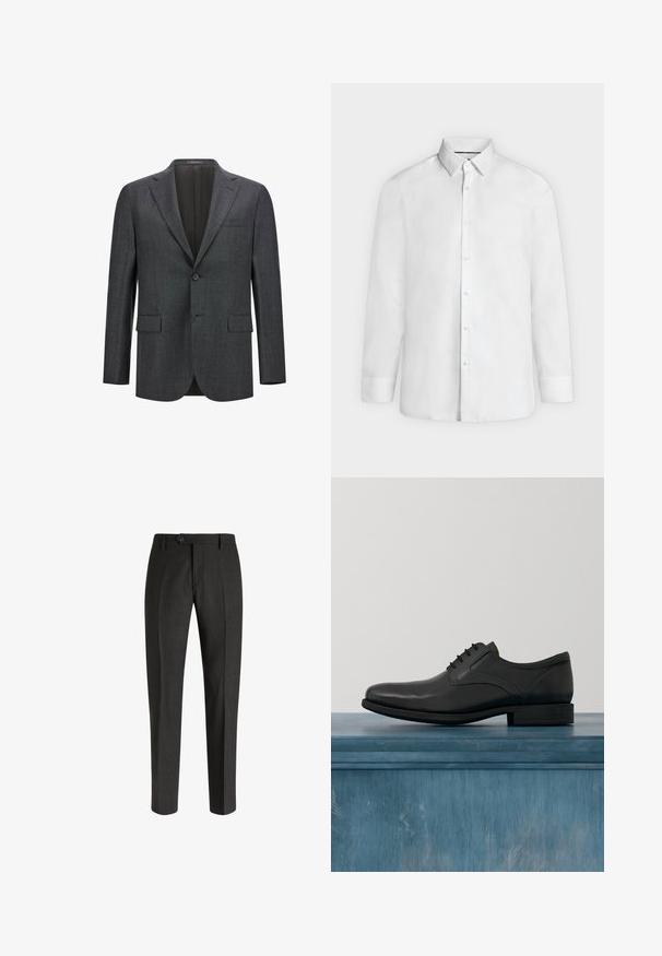 Blazer ajusté gris foncé avec un revers cranté, fermeture à un bouton, deux poches avant et une doublure intérieure lisse. Tissu texturé.; Chemise blanche à manches longues avec col à pointes et poignets boutonnés, présentée de face sur fond gris clair uni.; Boggi Milano Chino - charcoal; Chaussure habillée en cuir noir avec une finition brillante, bout arrondi, conception à lacets, coutures contrastantes et un petit talon en caoutchouc.