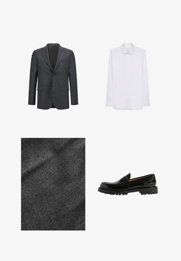 Dunkelgrauer taillierter Blazer mit Reverskragen, Ein-Knopf-Verschluss, zwei vorderen Taschen und glattem Innenfutter. Strukturiertes Gewebe.; Weißes Langarmhemd aus glattem Stoff, mit klassischem Kragen, Knopfverschluss vorne und gerader Saum. Keine Muster oder Akzente.; Strukturierter schwarzer Stoff mit einer weichen, leicht glänzenden Oberfläche, die ein dezentes Webmuster und einen geschmeidigen Fall aufweist.; Schwarze Lederloafers mit einer bequemen Silhouette, strukturierten Details im Obermaterial und einer robusten schwarzen Gummisohle.