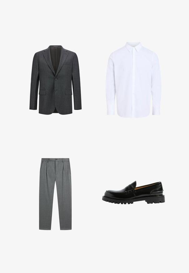 Dunkelgrauer taillierter Blazer mit Reverskragen, Ein-Knopf-Verschluss, zwei vorderen Taschen und glattem Innenfutter. Strukturiertes Gewebe.; Weißes Hemd mit langen Ärmeln und klassischem Kragen, aus glattem Stoff gefertigt, mit durchgehendem Knopfleistenverschluss und abgerundetem Saum.; Grau formelle Hose mit vorderen Falten, Seitentaschen, Gürtelschlaufen und Knopfverschluss an der Taille vor weißem Hintergrund.; Schwarze Lederloafers mit einer bequemen Silhouette, strukturierten Details im Obermaterial und einer robusten schwarzen Gummisohle.