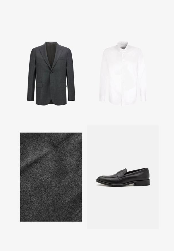 Dunkelgrauer taillierter Blazer mit Reverskragen, Ein-Knopf-Verschluss, zwei vorderen Taschen und glattem Innenfutter. Strukturiertes Gewebe.; Weißes, langärmliges Hemd mit Knopfleiste und spitzem Kragen, flach auf weißem Hintergrund präsentiert.; Strukturierter schwarzer Stoff mit einer weichen, leicht glänzenden Oberfläche, die ein dezentes Webmuster und einen geschmeidigen Fall aufweist.; Schwarze Lederloafer mit glatter Oberfläche, einem dekorativen Riemen über dem Obermaterial, runder Zehenpartie und einem niedrigen, gestapelten Absatz.