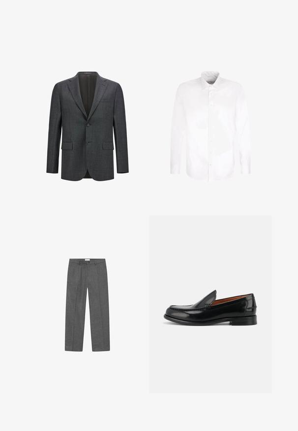 Blazer ajusté gris foncé avec un revers cranté, fermeture à un bouton, deux poches avant et une doublure intérieure lisse. Tissu texturé.; Chemise blanche à manches longues avec boutons et col pointu, présentée à plat sur un fond blanc.; Pantalons en mélange de laine gris avec une coupe droite, dotés d'une fermeture à bouton et d'un pli soigné sur le devant. Texture lisse.; Mocassin noir en cuir poli, sans lacets, avec un petit talon et des coutures le long du bout et des côtés, vu de profil.