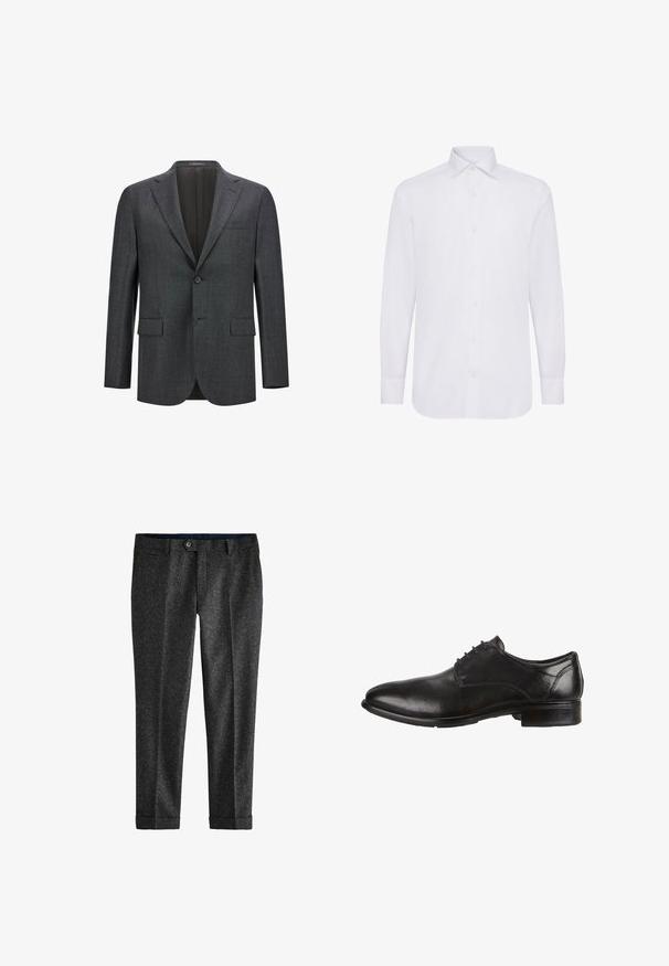 Dunkelgrauer taillierter Blazer mit Reverskragen, Ein-Knopf-Verschluss, zwei vorderen Taschen und glattem Innenfutter. Strukturiertes Gewebe.; Weißes Langarmhemd mit klassischem Kragen, Knopf-Leiste und geradem Saum. Hergestellt aus glattem Baumwollstoff.; Grau gefärbte Hose aus einem strukturierten Stoff, mit Knopfverschluss, Gürtelschlaufen und umgeschlagenen Säumen. Seitentaschen und Gesäßtaschen sind enthalten.; Schwarze Leder-Dressschuhe mit glatter Oberfläche, runder Zehenform, Schnürdesign und niedrigem, gestapeltem Absatz. Dezente Nähte sind sichtbar.