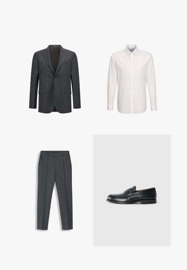 Blazer ajusté gris foncé avec un revers cranté, fermeture à un bouton, deux poches avant et une doublure intérieure lisse. Tissu texturé.; Chemise habillée blanche pour homme à manches longues, col pointu, boutonnée à l'avant et poignets boutonnés, présentée sur un fond blanc uni.; Pantalon homme gris foncé ajusté avec plis sur le devant, passants de ceinture, poches latérales et fermeture de la taille par bouton.; Mocassins en cuir noir avec un bout rond, des détails cousus et une semelle en caoutchouc plate. Présentent une large bande sur le cou-de-pied.