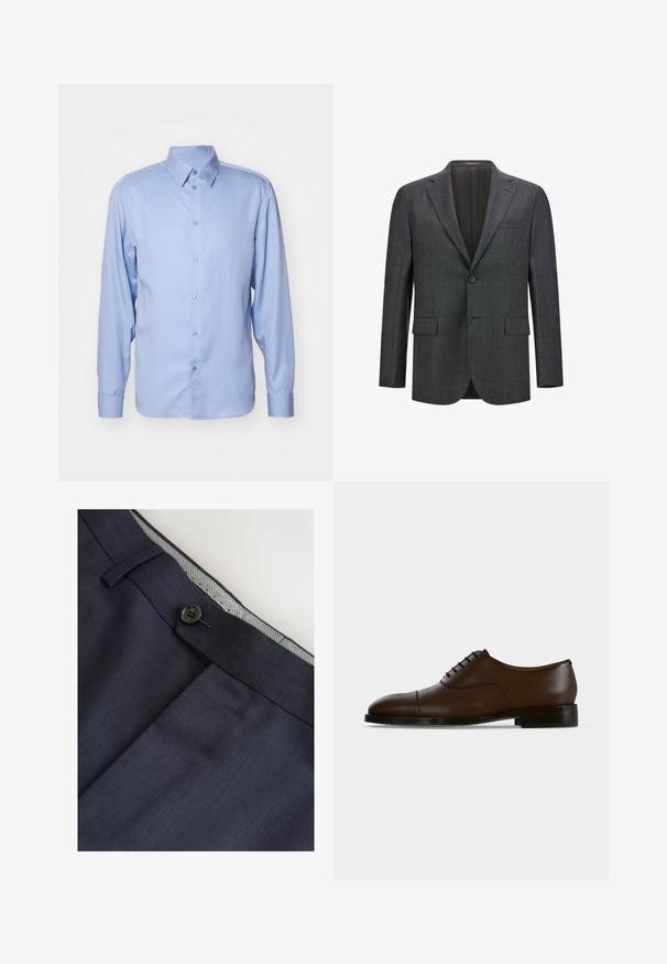 Mørkegrå skræddersyet blazer med reveslag, enkelt knaplukning, to frontlommer og glat inderfor. Struktureret stof.; Lyseblå skjorte med lange ærmer lavet af glat stof, med klassisk krave, knaplukning og tætsiddende pasform med knapmanchetter.; Marinebukser med flad frontdesign, forlommer og sort knaplukning. Indersiden har en stribet stofaccent på taljen.; Mørkebrun lædersko med kap-tå, lukket snørebånd og lav sort hæl set fra siden mod en ensfarvet baggrund.