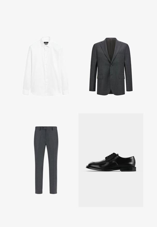 Mørkegrå skræddersyet blazer med reveslag, enkelt knaplukning, to frontlommer og glat inderfor. Struktureret stof.; Hvid skjorte med button-down krave, lange ærmer og front knaplukning. Stoffet fremstår glat med en let glans.; Mørkegrå skræddersyede bukser i en tekstureret uldblanding, med flad front, sidelommer og enkelt knaplukning. Slim fit design.; Sort lædersko til mænd med snørebånd, glat finish og lav hæl, vist i sideprofil på en ensartet lys baggrund.