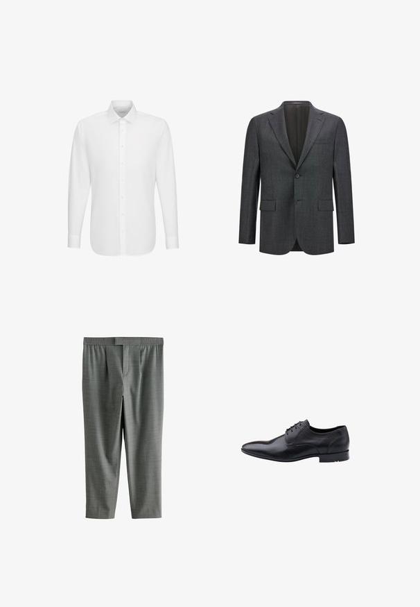 Dunkelgrauer taillierter Blazer mit Reverskragen, Ein-Knopf-Verschluss, zwei vorderen Taschen und glattem Innenfutter. Strukturiertes Gewebe.; Weißes langärmeliges Hemd mit durchgehender Knopfleiste und klassischem Kragen, auf einem schlichten weißen Hintergrund dargestellt.; Graue Hose aus strukturiertem Stoff mit einem elastischen Bund, mit Bügelfalten auf der Vorderseite und geradem Bein.; Schwarzer Lederschuh mit spitzer Kappe, Schnürdesign und feinen Nahtdetails. Verfügt über eine glatte Textur und einen niedrigen Absatz.