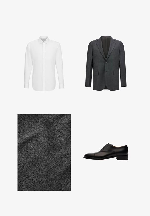 Dunkelgrauer taillierter Blazer mit Reverskragen, Ein-Knopf-Verschluss, zwei vorderen Taschen und glattem Innenfutter. Strukturiertes Gewebe.; Weißes langärmeliges Hemd mit durchgehender Knopfleiste und klassischem Kragen, auf einem schlichten weißen Hintergrund dargestellt.; Strukturierter schwarzer Stoff mit einer weichen, leicht glänzenden Oberfläche, die ein dezentes Webmuster und einen geschmeidigen Fall aufweist.; Schwarze Leder-Schnürschuhe mit runder Schuhspitze, runder Kappendetail und niedrigem Blockabsatz. Glatte Textur mit subtilen Nähten.