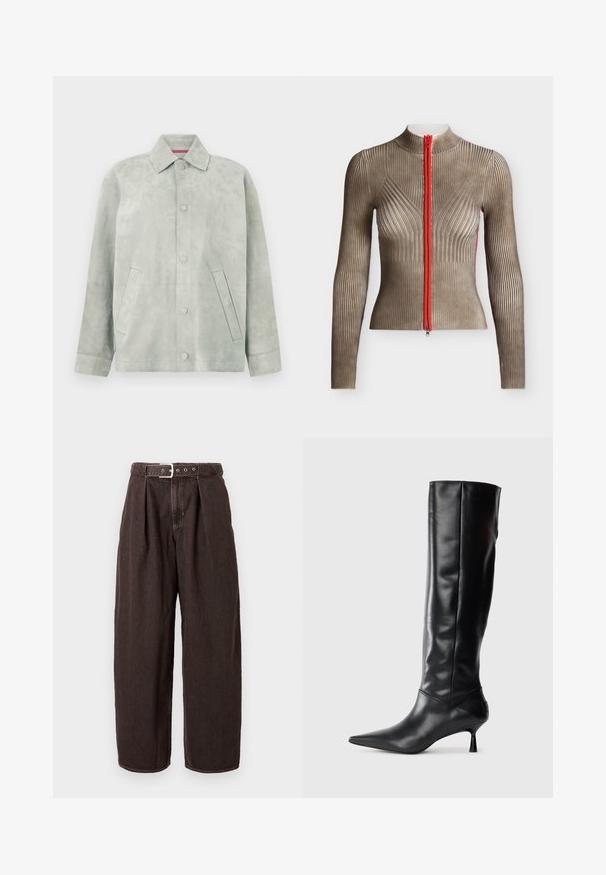 Chaqueta de ante gris claro con botones en el frente, cuello puntiagudo, mangas largas y bolsillos laterales inclinados sobre un fondo liso.; Top de punto acanalado ajustado de manga larga en color topo con cuello alto y cierre central con cremallera roja.; Pantalones sueltos de color marrón oscuro con pliegues y cinturón con hebilla plateada en la cintura, exhibidos sobre un fondo liso y claro.; Bota de cuero negra hasta la rodilla con punta afilada y tacón delgado curvado. Textura suave, diseño ajustado y sin hardware ni patrones visibles.