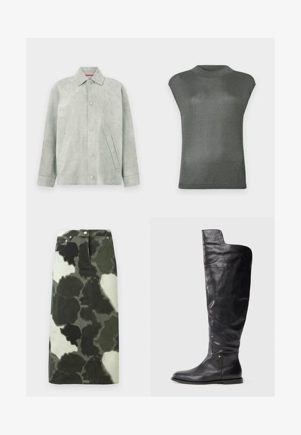 Hellgraue Wildlederjacke mit Knopfleiste, spitzem Kragen, langen Ärmeln und schrägen Seitentaschen vor einfarbigem Hintergrund.; Metallisch dunkelgraues kurzärmliges Oberteil mit hohem Ausschnitt. Hergestellt aus einem dehnbaren, leicht reflektierenden Material. Glatte Textur und taillierter Schnitt.; Cargohosenrock mit Camouflage-Muster in Dunkelgrün und Schwarz, mit hoher Taille, vier Taschen und metallic Akzenten. Mittellang und gerade geschnitten.; Schwarze Lederstiefel bis zum Knie mit flacher Sohle und leicht breiterem oberen Teil, der auf der Außenseite asymmetrisch geschnitten ist.
