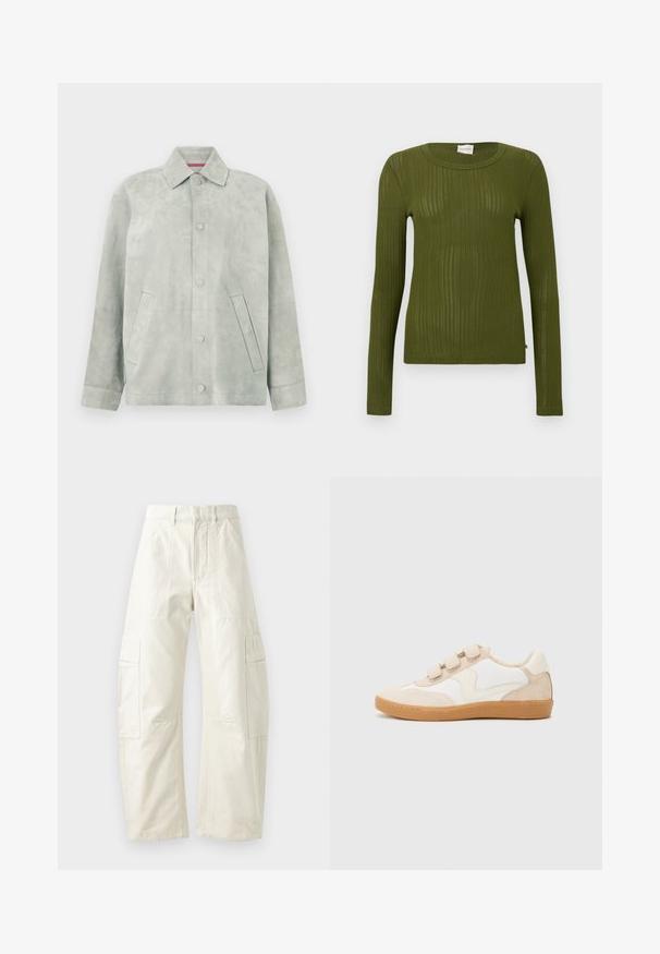 Lichtgrijze suède jas met knoopsluiting, spitse kraag, lange mouwen en schuine zijzakken tegen een effen achtergrond.; Olivengroen geribd shirt met lange mouwen, een ronde halslijn en een aansluitend model, met een subtiele glans en een zachte textuur, zonder zichtbare logo's of patronen.; Beige cargobroek met een losse pasvorm, voorzien van meerdere opgestikte zakken, een ritsluiting en een gestructureerde afwerking. Gemaakt van duurzaam katoen.; Sneakers in wit en beige leer met suède accenten, voorzien van een ronde neus, drie klittenbandsluitingen en een gumrubberen zool.
