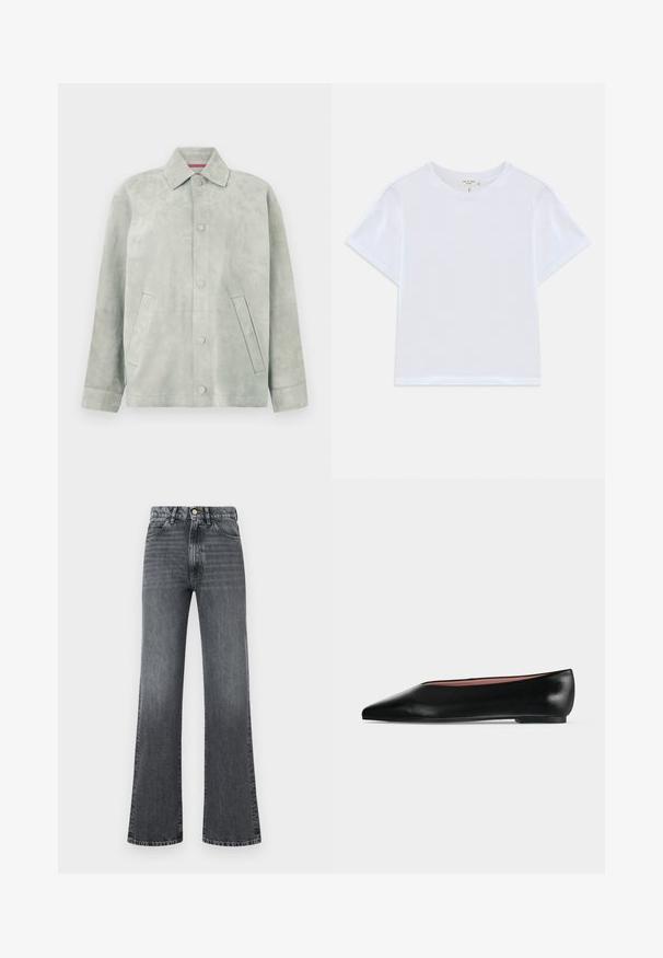 Lichtgrijze suède jas met knoopsluiting, spitse kraag, lange mouwen en schuine zijzakken tegen een effen achtergrond.; Witte cropped t-shirt van zacht katoen, met een ronde hals en korte mouwen in een iets ontspannen pasvorm. Geen patronen of accenten.; Grijze denim flared jeans met een hoge taille, vijf zakken, knoopsluiting en subtiele textuurverloop van boven naar beneden.; Zwarte leren damesschoen met platte zool, puntige neus en lage hak, zijwaarts afgebeeld tegen een effen lichtgrijze achtergrond.