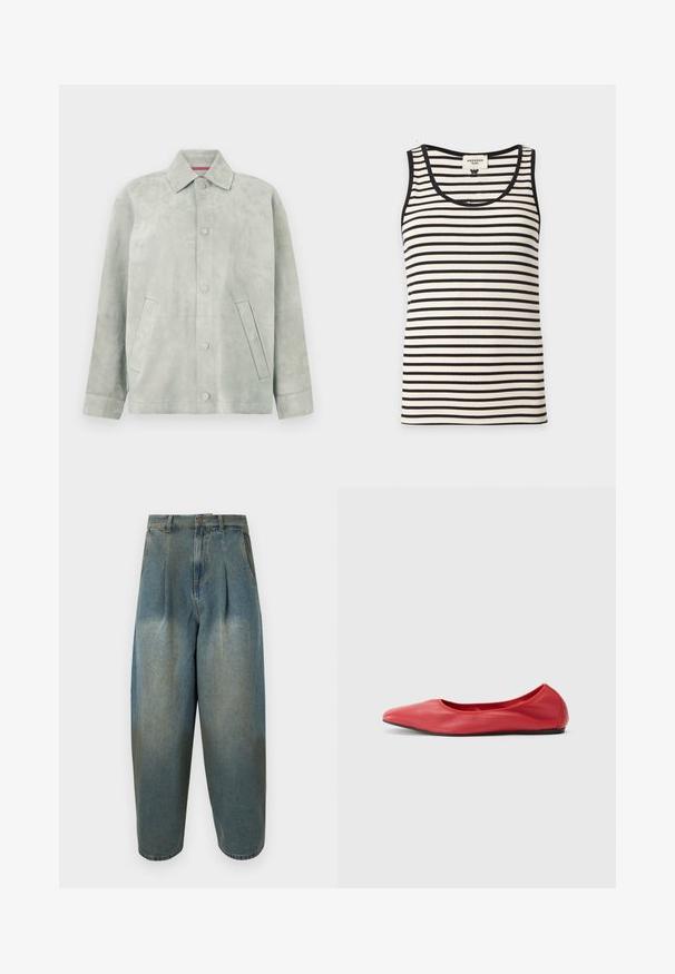 Veste en daim gris clair avec fermeture à boutons, col pointu, manches longues et poches latérales inclinées sur un fond uni.; Débardeur côtelé sans manches avec des rayures horizontales noires et blanches et un passepoil noir autour de l'encolure et des emmanchures.; Jean en denim bleu à taille haute, coupe ample, avec des plis, une fermeture avant à boutons et fermeture éclair, et des poches latérales.; Filippa K REY FLATS - Ballerines - bright red
