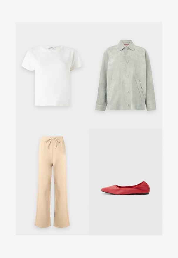 Veste en daim gris clair avec fermeture à boutons, col pointu, manches longues et poches latérales inclinées sur un fond uni.; T-shirt en coton blanc à manches courtes, col rond et coupe décontractée. Étiquette visible au niveau du col, texture lisse. Design simple, sans motifs.; Pantalon de survêtement beige à jambes larges avec taille élastique et cordon de serrage, coutures latérales discrètes et logo de la marque légèrement visible près de la taille.; Filippa K REY FLATS - Ballerines - bright red