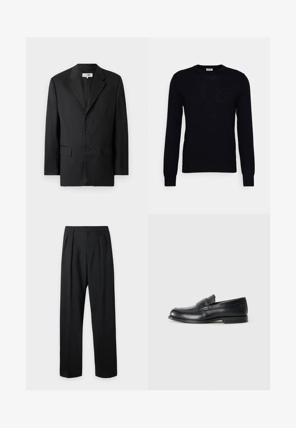 Blazer noir en tissu lisse, avec un col cranté, trois boutons à l'avant et deux poches avant. Design classique et ajusté.; Pull noir à manches longues en tricot doux. Encolure ronde, poignets et ourlet côtelés. Design minimaliste sans motifs ni boutons visibles.; Pantalon noir taille haute, sur-mesure, avec passants pour ceinture, plis sur le devant, fermeture par bouton et jambes droites larges sur fond clair.; Mocassins en cuir noir avec un bout rond, des détails cousus et une semelle en caoutchouc plate. Présentent une large bande sur le cou-de-pied.