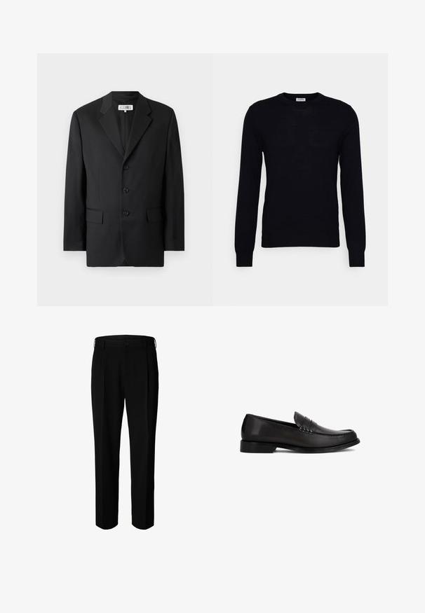 Blazer negro confeccionado en tejido suave, con solapas de pico, tres botones frontales y dos bolsillos frontales. Diseño clásico y entallado.; Suéter negro de manga larga hecho de un suave material de punto. Escote redondo, puños y dobladillo acanalados. Diseño minimalista sin patrones ni botones visibles.; Pantalones formales negros con trabillas para cinturón, botón frontal y cierre de cremallera, mostrados sobre fondo blanco.; Mocasín de piel negra con tacón bajo, punta redondeada y detalles cosidos a lo largo del borde superior y el empeine.