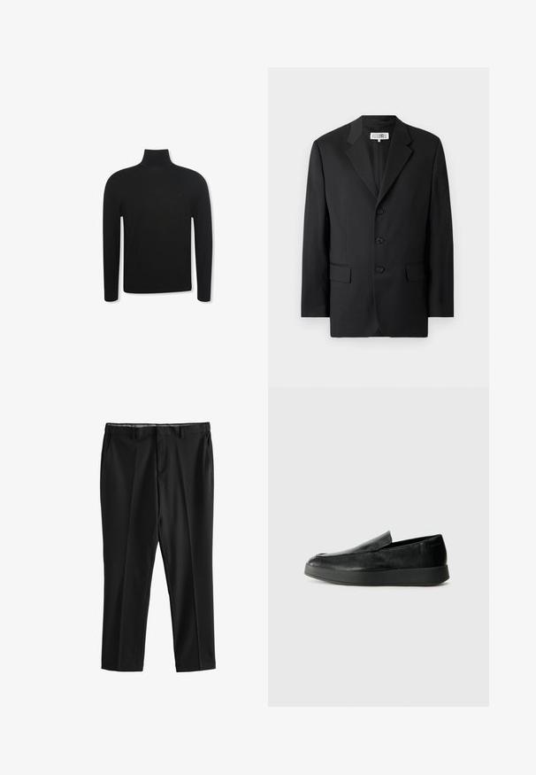 Sort blazer lavet af glat stof, med en slagkrave, tre frontknapper og to frontlommer. Klassisk skræddersyet design.; Sort langærmet rullekravebluse med slank pasform og diskret logo på venstre brystområde, vist på hvid baggrund.; Sorte formelle bukser med bæltestropper, forlommer og lige ben, vist fladt på en hvid baggrund.; Calvin Klein HYBRID CUP - Loafers - triple black