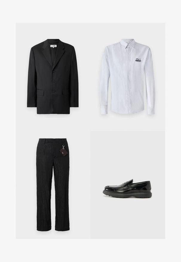 Sort blazer lavet af glat stof, med en slagkrave, tre frontknapper og to frontlommer. Klassisk skræddersyet design.; Iceberg CAMICIA - Skjorter - bianco/blu/azzurro; Sorte, teksturerede bukser med vide ben, glat overflade og synlige sømme; inkluderer et mærke fastgjort med en sølvhardware løkke.; Sort læderloafer med en blank finish, rund tå, subtile syninger og en tyk gummisål for holdbarhed.