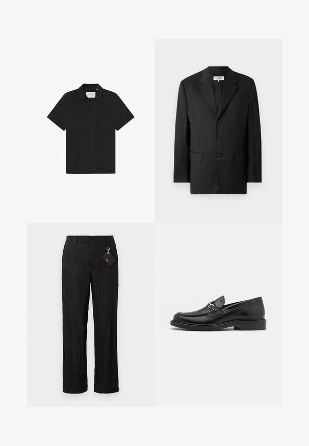 Blazer negro confeccionado en tejido suave, con solapas de pico, tres botones frontales y dos bolsillos frontales. Diseño clásico y entallado.; Camisa negra de manga corta hecha de una tela transpirable que presenta intrincados patrones de corte y un frente abotonado.; Pantalones negros de pierna ancha, texturizados, con un acabado suave y costuras visibles; incluye una etiqueta unida por un lazo de metal plateado.; Mocasines de cuero negro con punta redondeada, que cuentan con un detalle de herrajes dorados y costuras, situados sobre una suela de goma texturizada y baja.