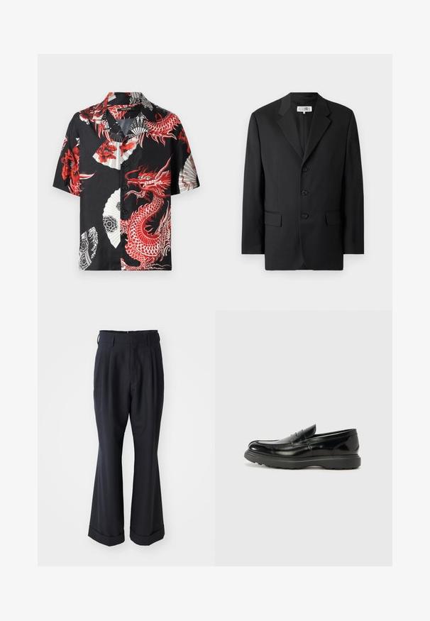Schwarzer Blazer aus glattem Stoff, mit Reverskragen, drei vorderen Knöpfen und zwei vorderen Taschen. Klassisches, maßgeschneidertes Design.; Schwarzes Kurzarmshirt mit roten Drachen- und Blumenmustern, weißen Fächerdesigns und einer Knopfleiste. Aus glattem Stoff gefertigt.; Schwarze, maßgeschneiderte Hosen mit lockerer Passform, gefaltetem Vorderteil und weitem Bein. Mit einem umgeschlagenen Saum und glattem Stoffgefühl.; Schwarze Lederloafer mit glanzendem Finish, abgerundetem Zehenbereich, subtilen Steppnähten und einer dicken Gummisohle für Langlebigkeit.