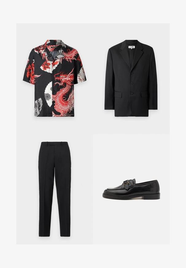 Zwarte blazer van een soepele stof, met een notched lapel, drie knopen aan de voorkant en twee zakken aan de voorkant. Klassiek op maat gemaakt ontwerp.; Zwart shirt met korte mouwen met een patroon van een rode draak en bloemen, witte waaierontwerpen en een knoopsluiting aan de voorkant. Gemaakt van gladde stof.; Theory STRAIGHT - Broek - deep black; Zwarte leren instappers met een ronde neus en een decoratieve gesp. Platte, stevige hak en een gladde textuur overal.