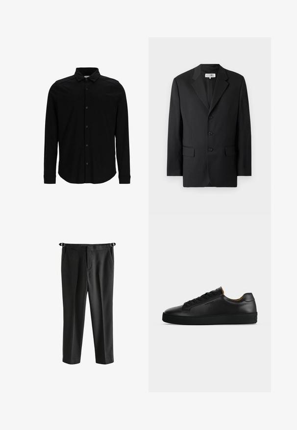 Blazer negro confeccionado en tejido suave, con solapas de pico, tres botones frontales y dos bolsillos frontales. Diseño clásico y entallado.; Camisa negra de manga larga hecha de una tela suave, con frente abotonado, cuello y un discreto logo bordado en el pecho.; Pantalones negros a medida con corte slim, fabricados en tejido suave, con bolsillos laterales y pestañas ajustables en la cintura para un ajuste personalizable.; Zapatilla negra de piel de corte bajo con cordones negros, suela de goma texturizada y pequeño logo en relieve en el lateral, mostrada de perfil sobre fondo gris.