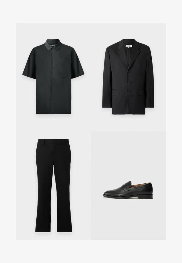 Blazer negro confeccionado en tejido suave, con solapas de pico, tres botones frontales y dos bolsillos frontales. Diseño clásico y entallado.; Camisa negra de botones de manga corta, hecha de una tela suave, que cuenta con un solo bolsillo en el pecho y un sutil bordado en la parte delantera.; Pantalones de campana negros hechos de una mezcla de algodón, con cierre de botón, trabillas para el cinturón y una textura suave sin patrones visibles.; Mocasín de cuero negro con punta redonda, detalles de costura sutil y un tacón bajo, que presenta una textura suave y un diseño minimalista.