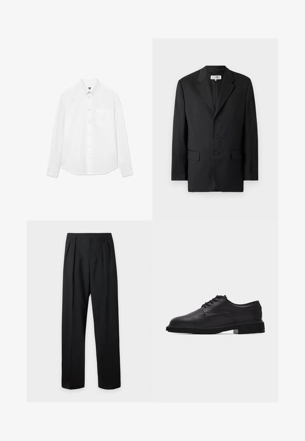 Sort blazer lavet af glat stof, med en slagkrave, tre frontknapper og to frontlommer. Klassisk skræddersyet design.; Hvid langærmet skjorte med knapper, krave, forlommer og subtil tekstur. Frontlukning har knapper og et lille logo-detalje.; Sorte skræddersyede bukser med høj talje, bæltestropper, frontfolder, knaplukning og lige vide ben på en lys baggrund.; Sort herresko i læder med snørebånd, glat finish og tyk gummisål vist fra siden på hvid baggrund.