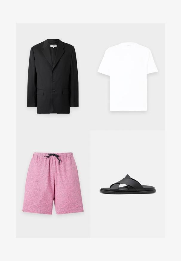 Blazer noir en tissu lisse, avec un col cranté, trois boutons à l'avant et deux poches avant. Design classique et ajusté.; T-shirt en coton blanc avec un col rond, des manches courtes et une coupe décontractée. Texture lisse, détails minimaux, sans motifs ni graphiques.; Shorts de bain roses à motifs avec une taille élastique et un cordon noir. Le matériau semble léger avec une surface texturée.; Stuart Weitzman BERKLEY - Mules - black