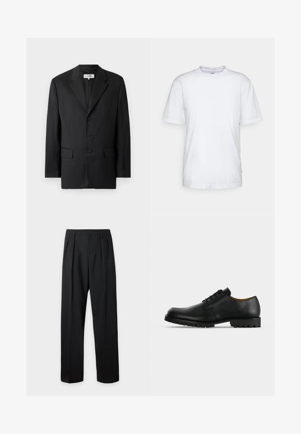 Sort blazer lavet af glat stof, med en slagkrave, tre frontknapper og to frontlommer. Klassisk skræddersyet design.; Hvid bomulds t-shirt med rund hals, korte ærmer og lige kant. Har et lille mærke på den venstre sidesøm.; Sorte skræddersyede bukser med høj talje, bæltestropper, frontfolder, knaplukning og lige vide ben på en lys baggrund.; Sort lædersko med snørebånd, tyk rillede sål og lav hæl vist på en hvid baggrund.
