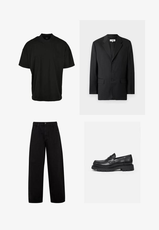 Blazer negro confeccionado en tejido suave, con solapas de pico, tres botones frontales y dos bolsillos frontales. Diseño clásico y entallado.; Camiseta de manga corta negra con diseño de cuello redondo, hecha de tela suave, que presenta un ajuste relajado y sin patrones o acentos visibles.; Jeans anchos negros de mezclilla, con bolsillos delanteros, cierre de botón y un diseño limpio y minimalista sin patrones visibles.; Mocasín negro de cuero con suela gruesa y acanalada y detalle de tira para moneda, mostrado en perfil lateral derecho sobre fondo blanco.
